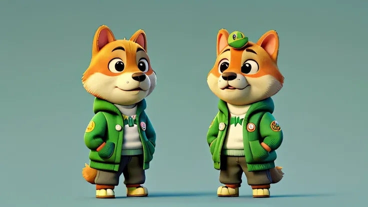 
there is a Shiba Inu wearing a green jacket,Cute fat, Cute numbers, anthropomorphic Shiba Inu, Virtual 8K, very beautiful and cute, cartoon, animated characters, Lovely and detailed digital art, fan art, ((Shiba Inu)), Cute cartoon characters, Disney styl...