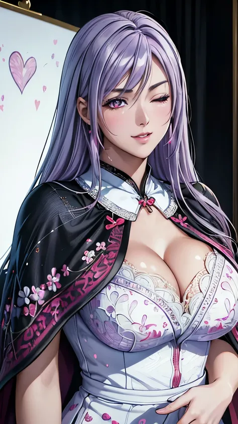 red eyes, (highest quality, masterpiece painting:1.3), immature woman, 16 years old, (half body shot), masterpiece, ultra high resolution, (Photoreal:1.0), ((light purple hair)),straight hair, beautiful shining hair, white and shining skin, (one eye closed...