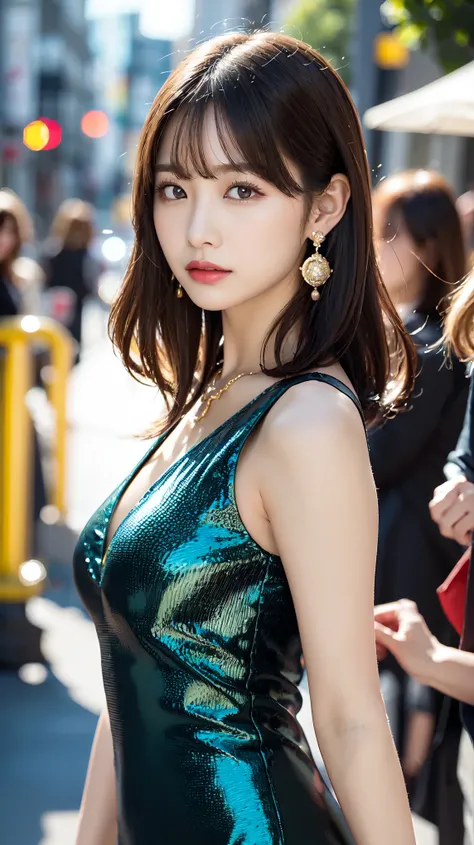 1 female, Beautiful Japanese actresses, Age 25, Double Eye,mile, Detailed face, Big earrings，Large Necklace, Flashy makeup using red eyeshadow，light brown delicate middle cut hair，The tips of the hair are wavy，Classy hairstyle，Fine grain,Slender actress, L...