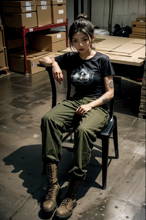 8K, realistic photo, realistic skin texture, beautiful Japanese American female US Army soldier, simple warehouse, sitting on a simple chair and maintaining an automatic rifle, maintenance, Automatic rifles do not have magazines installed.Automatic rifle p...