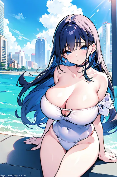 Cute Girls,Big breasted(1.4),Swimwear,Above a high-rise building,evening(1.5),Overlooking,Light blue long hair,Advanced City,Big Breasts,Blushed(1.3),High quality,Vision