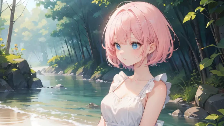 One girl, close, forest,, short hair, Pink Hair, blue eyes, White Dress, Sleeveless dress, Ruffled Dress, Exposing shoulders, Bare arms, morning, Light,Anime-style illustrations