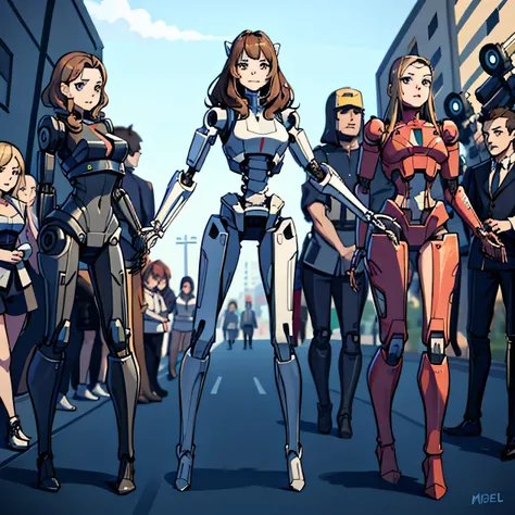 Multiple robot women, They all have perfect human female faces.., Everything except the face is a machine.., Not everyone is dressed, brown hair, Wavy Hair, Hazel Eyes, Very detailed, smile, Everything except the face is a machine.., They all have mechanic...