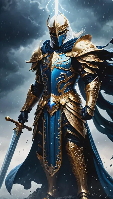 A stunning, highly detailed dark fantasy full body illustration of a proud angelical warrior wearing intricate medieval white HKStyle armor and an epic white ornamented mask, holding a great golden glowing sword, golden and blue glooming eyes, very wide sh...
