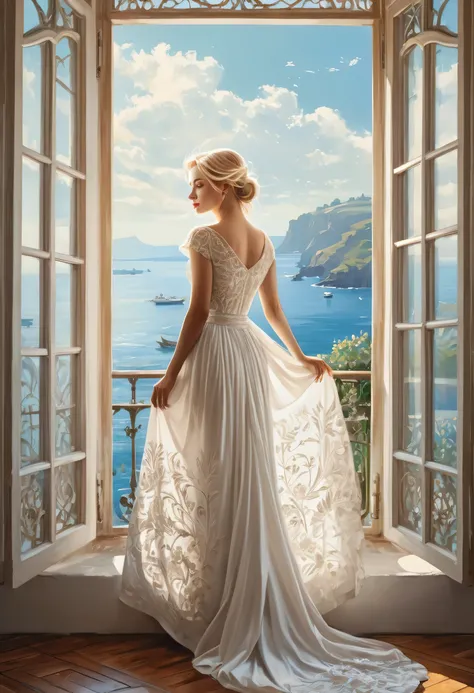 Certainly! Heres the theme with the QUALIFIERS included:

"Imagine a painting of a beautiful blond woman, perfect in every detail, standing gracefully in front of a window overlooking the sea, captured with the following QUALIFIERS: (((Best quality))), (((...