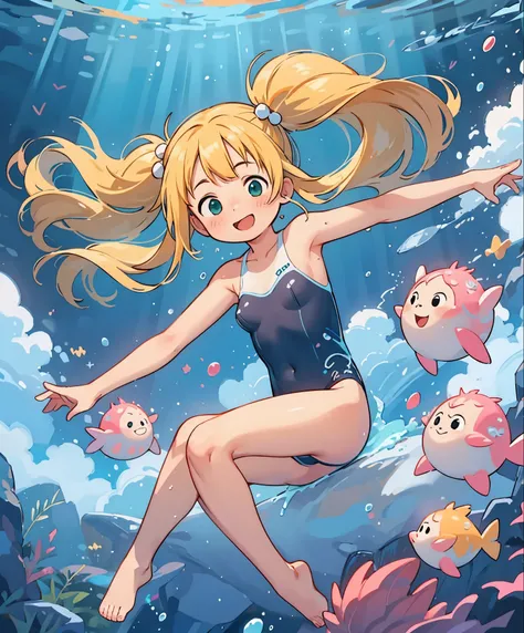 (masterpiece、highest quality、highest quality、Official Art、Beautiful and beautiful:1.2)、(One girl:1.3)Hatsune Miku、Twin tails,Big Breasts, Blonde，Green Eyes，Long white hair，Princess Cut Hairstyles，Ball Head，Adorable，Teenage Girls，One piece swimsuit，No shoes...