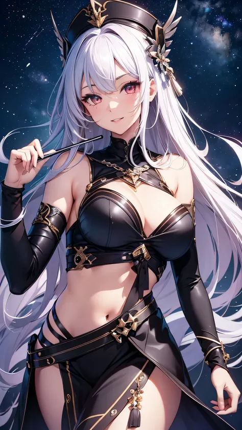 最high quality、Best image quality、masterpiece、girl((20-year-old、 By becoming、Best Bust、Medium Bust,Wide open breast tea、red glowing eyes,Silver Hair、Disheveled Hair、Long Hair、thin,The highest valley、Open chest、White wristband、smile、hair ornaments、Sports Cap...