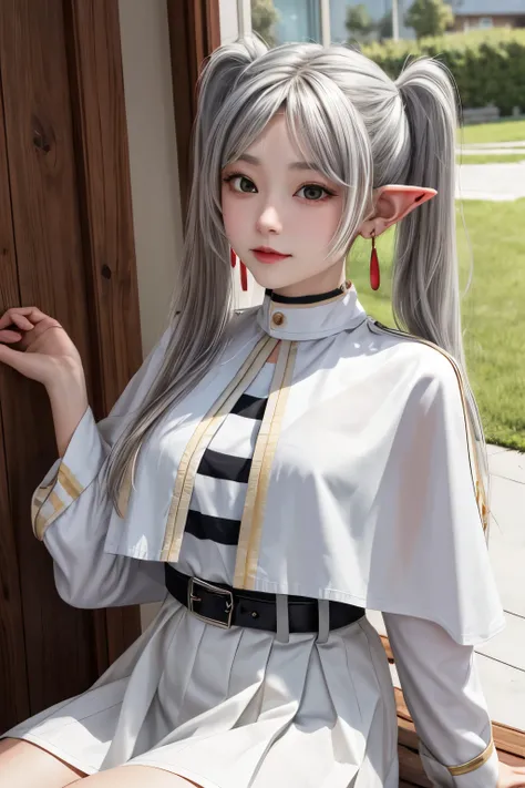 masterpiece, highest quality, High resolution, thank you, l○ng hair, Gray Hair, Twin tails, p○inty ears, Earrings, thick eyebr○ws, White capelet, Striped shirt, l○ng sleeves, belt, White Skirt, black pantyh○se , Wariza, :○, Grass, b○○ts,