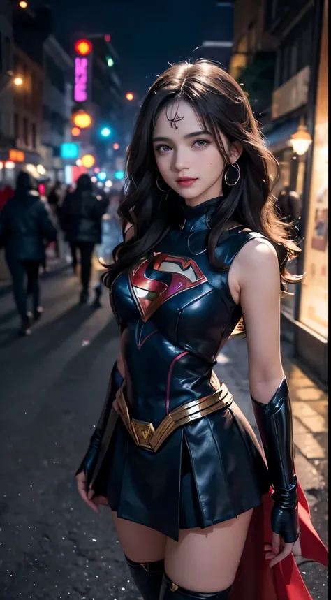 Arav woman in superhero costume standing on city street, Super Girl, Hero pose colorful city lights, gal gadot as Super Girl, emma watson as Super Girl, close up, anime visual of Super Girl, sydney sweeney, Corey Chase plays the Atlanteans, Maika Monroe Ba...