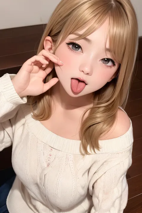 masterpiece,best qualtiy,anime,FellatioGesture,fellatio_gesture,1girl,blush,open_mouth,tongue_out,white sweater,small breast, Half-clenched fist