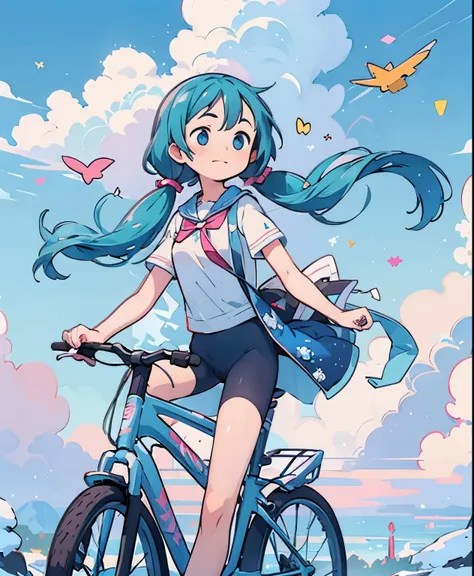 (masterpiece、highest quality、highest quality、Official Art、Beautiful and beautiful:1.2)、(One girl:1.3)Hatsune Miku、Twin tails,Big Breasts,  Long light blue hair, blue eyes and eyebrows, Erio Towa, Ride a bike with other people , Pedaling pose, smile, artsta...