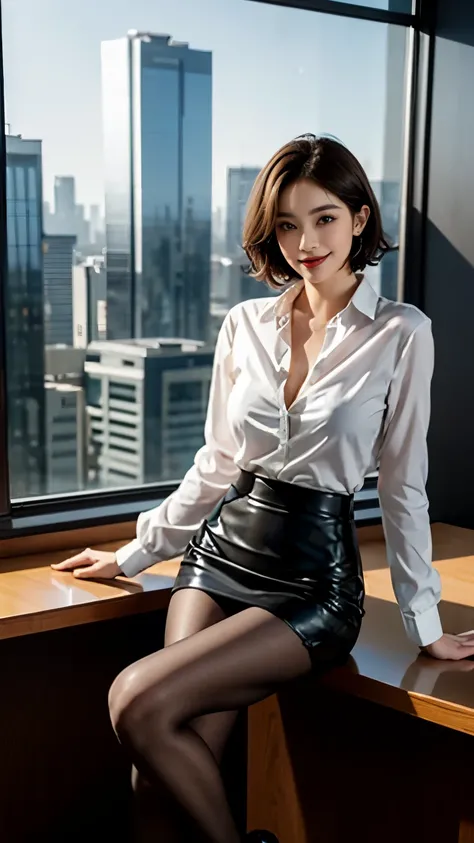 Woman sitting in the office、best quality, Full body portrait, Delicate face, Pretty Face, Slim body, Office Girl，Office Clothing, Black pantyhose, Blonde short hair，cute，Smile，Long legs，Sitting，High heel、Translucent tops、The skyscrapers outside the window ...