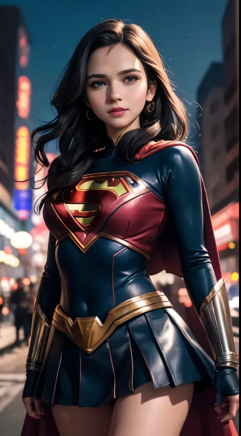 arav woman in superhero costume standing on city street, super girl, hero pose colorful city lights, gal gadot as super girl, em...