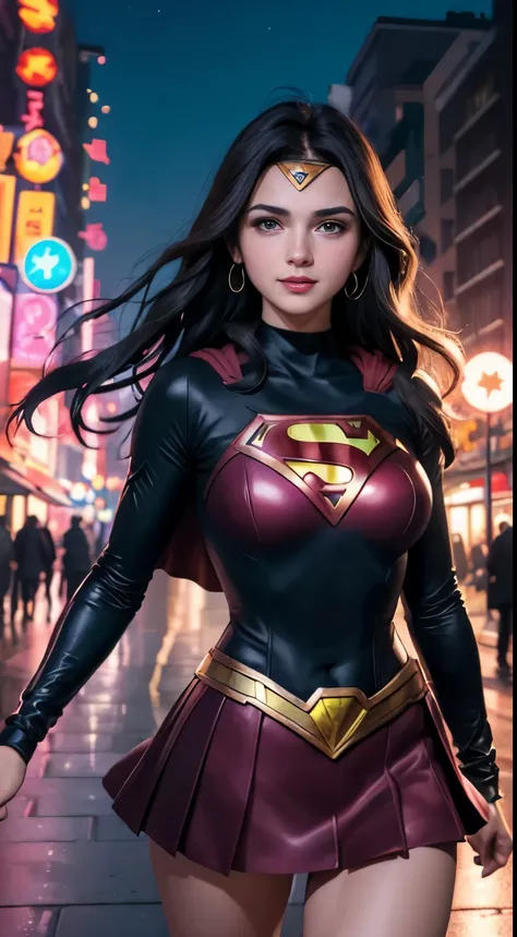 Arav woman in superhero costume standing on city street, Super Girl, Hero pose colorful city lights, gal gadot as Super Girl, emma watson as Super Girl, close up, anime visual of Super Girl, sydney sweeney, Corey Chase plays the Atlanteans, Maika Monroe Ba...