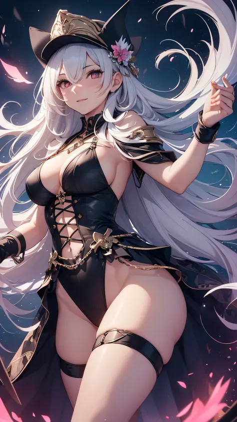 最high quality、Best image quality、masterpiece、girl((20-year-old、 By becoming、Best Bust、Medium Bust,Wide open breast tea、red glowing eyes,Silver Hair、Disheveled Hair、Long Hair、thin,The highest valley、Open chest、White wristband、smile、hair ornaments、Sports Cap...