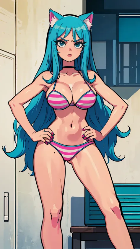 Masterpiece, best quality, high resolution, 1 woman, Long blue hair with pink stripes, smooth, green eyes, Bored face , cat ears , pink bikini , abdomen, big breasts , Long legs , hands on hips , canvas shoes , video store