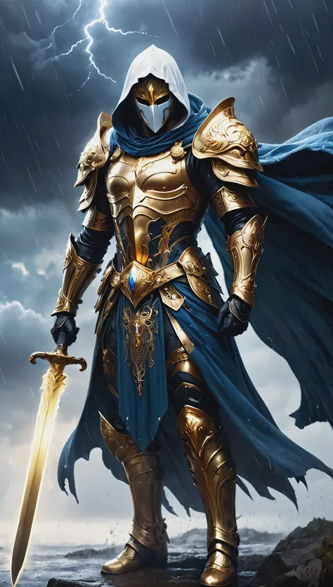 A stunning, highly detailed dark fantasy full body illustration of a proud angelical warrior wearing intricate medieval white HKStyle armor and an epic white ornamented mask, holding a great golden glowing sword, golden and blue glooming eyes, very wide sh...