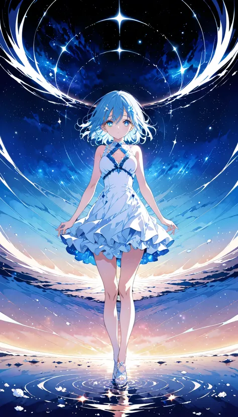 Absurd, High resolution, (Official Art, beautifully、aesthetic:1.2), (Shortsighted:1.15), (One girl, Blue Hair, Medium Hair, blue eyes, Bright Eyes, long white dress, Blue frills,:1.2) blue sky, Sparkling Galaxy, (Uyuni salt lake:1.2), (Fractal Art:0.8), wa...