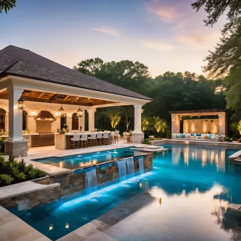 Create a realistic photo of a private open swimming pool nestled in the backyard of an elegant European-style villa. The pool features a luxurious infinity edge design, with sparkling blue water reflecting the surrounding landscape. Cascading waterfalls ad...