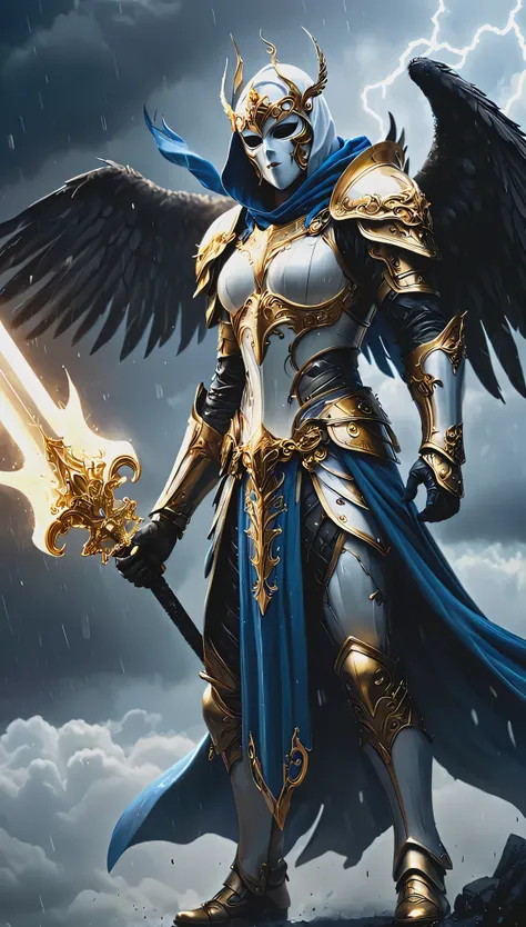A stunning, highly detailed dark fantasy full body illustration of a proud angelical warrior wearing intricate medieval white HKStyle armor and an epic white ornamented mask, holding a great golden glowing sword, golden and blue glooming eyes, very wide sh...