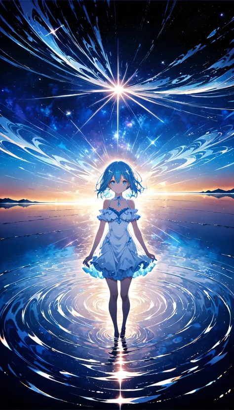 Absurd, High resolution, (Official Art, beautifully、aesthetic:1.2), (Shortsighted:1.15), (One girl, Blue Hair, Medium Hair, blue eyes, Bright Eyes, long white dress, Blue frills,:1.2) blue sky, Sparkling Galaxy, (Uyuni salt lake:1.2), (Fractal Art:0.8), wa...