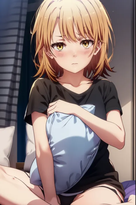 irohaisshiki, Iroha Isshiki, short hair, brown hair, (Brown eyes:1.5), blush,Looks sleepy,Embarrassing,oversized t-shirt,black string underwear,barefoot,Holding a pillow in both arms,Putting my face on the pillow,Sitting on the bed,ロマンチックな夜景
break indoors,...