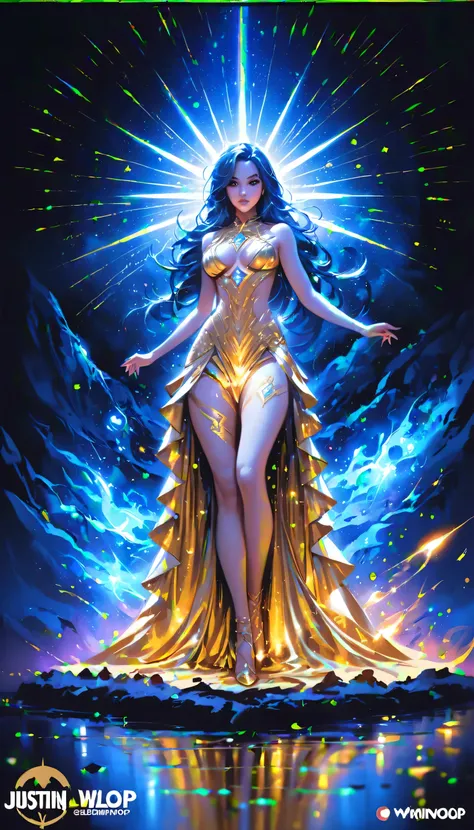 (The Goddess of Sand, beautifully decorated like in the movie, Golden Dress, Shiny gold tattoo), (Galactic Shaman with Quantum Energy Fantasy), Fantasy magic, Long Hair, Dark light night, Complex, Ethereal, Sharp focus, figure, Very detailed, Digital Paint...