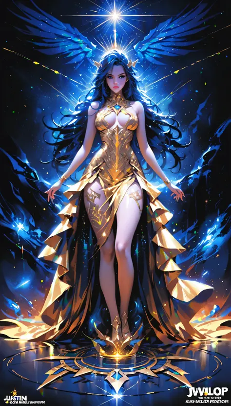 (The Goddess of Sand, beautifully decorated like in the movie, Golden Dress, Shiny gold tattoo), (Galactic Shaman with Quantum Energy Fantasy), Fantasy magic, Long Hair, Dark light night, Complex, Ethereal, Sharp focus, figure, Very detailed, Digital Paint...