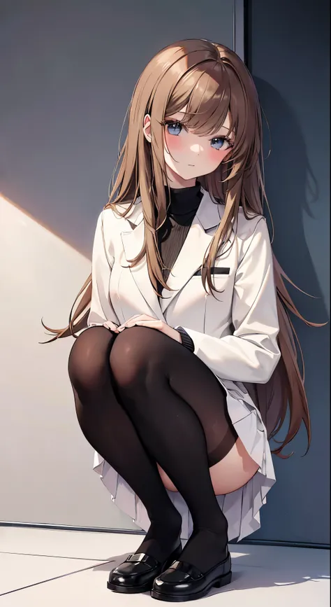 Top quality, masterpiece, High resolution, (Head to toe full body), front, frontやや下からの構図, Symmetric, 18 year old tall girl, alone, (Head to toe), (Small breasts), Unkempt brown hair, bangs, (black tights), (Black Pantyhose), (Sit with your legs apart), (sq...