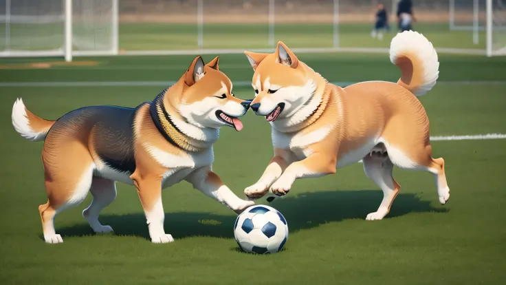 Shiba Inu dogs in soccer uniforms, are playing soccer, an entire dog soccer team, doge