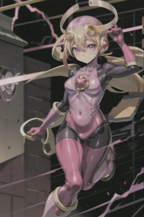 masutepiece,best quality,1girl in,roll_..exe_megamanbn,(helmets),blonde hair,long hair,leotard,pink eyes,purple bodysuit,body su...