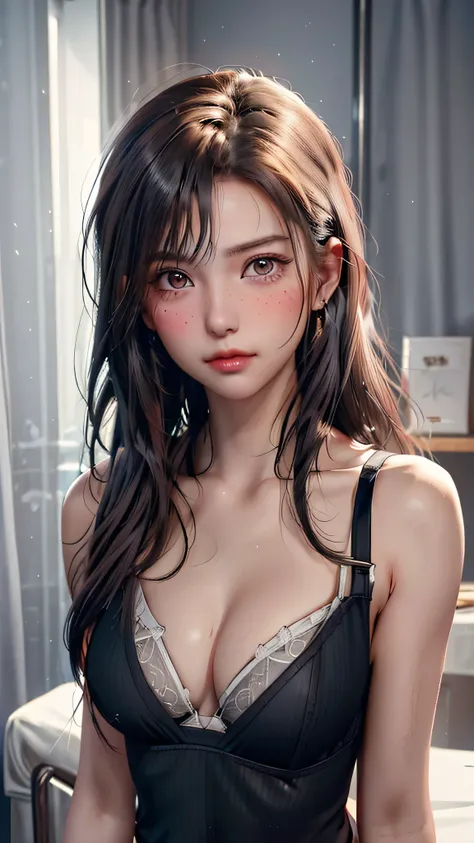 ultra realistic photo, ((21-year-old girl wearing a training bra)), deanwo, (small waist), (freckles: 1.0), one girl, blush, mas...