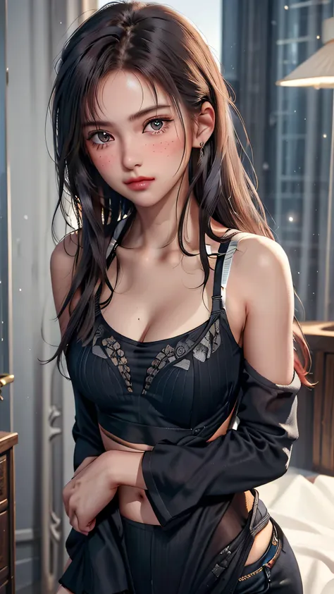 ultra realistic photo, ((21-year-old girl wearing a training bra)), deanwo, (small waist), (freckles: 1.0), one girl, blush, mas...