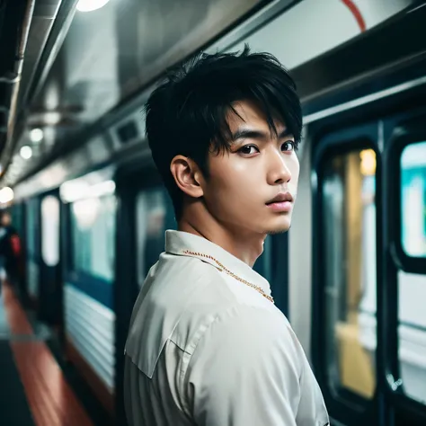 Cinematic Photo of a handsome Indonesian man 30 y.o fashion model bokeh train, medium black hair ,77mm lens,DLSR camera