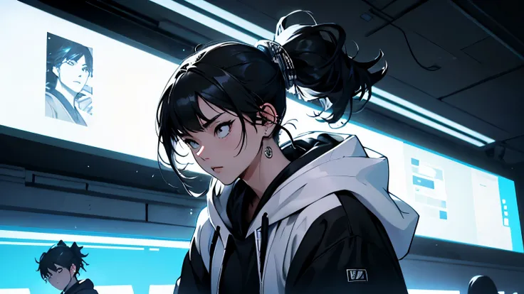 Create a hyper-realistic image of a beautiful young samurai lost in a space city。He wears monochrome contemporary streetwear、Oversized hoodie、Chunky trainers、Wearing glittering jewelry、Wearing headphones。Her hair is black and in a ponytail with a twist per...