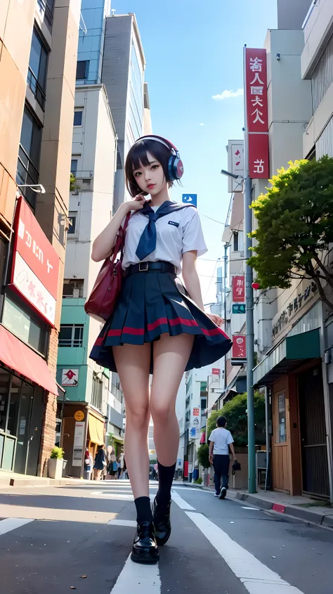 anime girls with headphones on walking across a busy city street, beautiful anime school girl, lofty girl, anime atmosphere, ani...