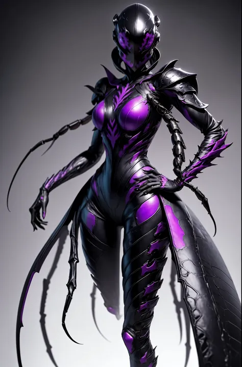 Beautiful girl fused with a scorpion. (High quality) （black and purple image color）gothic dress. body suit. cyber style. Circuit pattern. Biological Armor. Biological helmet. eye mask.