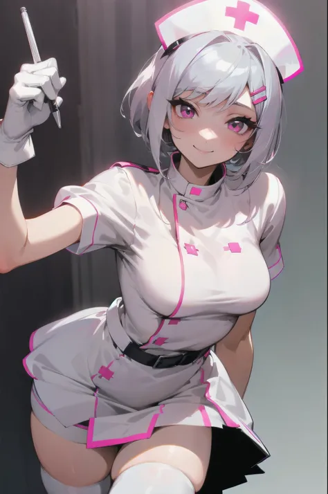 1 Female, nurse, nurse Cap, Whiteware, ((White legwear, zettai ryouiki)), White gloves, Silver and bob short hairstyle, Tie your hair up with a hair clip, Pink Eyes, smile, Sharp contours, Short sleeve,  highest quality, Tabletop, clinic、Upper body close-u...