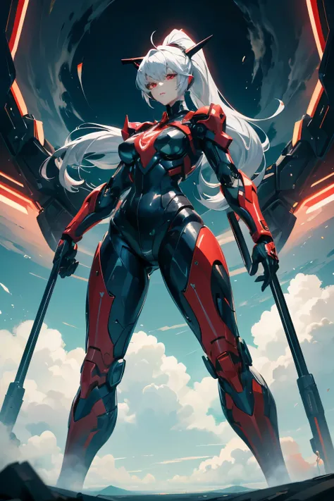 (Very good, professional, Surreal), standing in the clouds, Giant, in the center of Image, A huge and magnificent robot mecha girl stands tall. she is wearing a black bodysuit, The suit has red energy lines, Silver Hair, ponytail, Red Eyes,