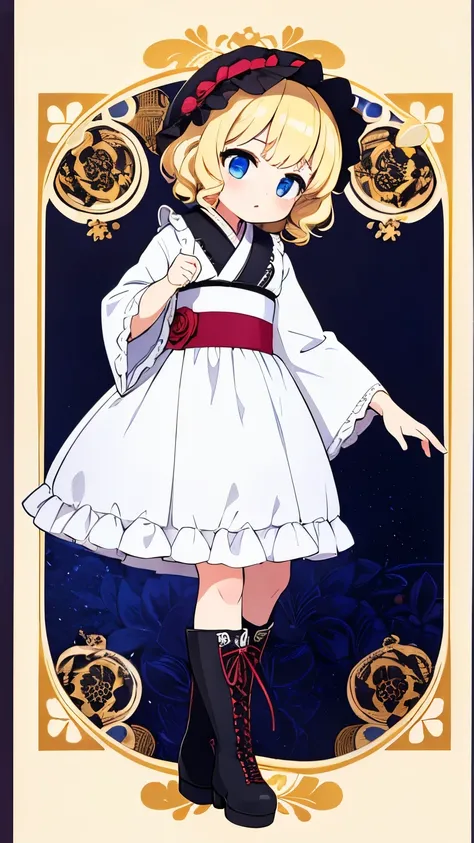 Teenage Girls,Blonde curly short hair,Dark blue eyes,white kimono,Lolita Bonnet,Japanese and Western eclectic,Lolita Fashion,Character portrait,Lace-up boots on the feet,Rose ornament