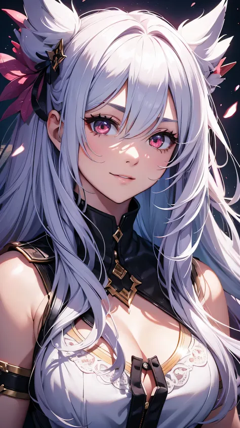 最high quality、Best image quality、masterpiece、girl((20-year-old、 By becoming、Best Bust、Medium Bust,Wide open breast tea、red glowing eyes,Silver Hair、Disheveled Hair、Long Hair、thin,The highest valley、Open chest、White wristband、smile、hair ornamentany accessor...