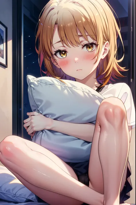 irohaisshiki, Iroha Isshiki, short hair, brown hair, (Brown eyes:1.5), blush,Looks sleepy,Embarrassing,oversized t-shirt,black string underwear,barefoot,Holding a pillow in both arms,Putting my face on the pillow,Sitting on the bed,ロマンチックな夜景
break indoors,...