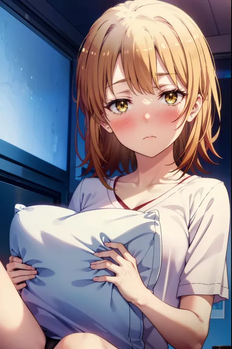 irohaisshiki, Iroha Isshiki, short hair, brown hair, (Brown eyes:1.5), blush,Looks sleepy,Embarrassing,oversized t-shirt,black string underwear,barefoot,Holding a pillow in both arms,Putting my face on the pillow,Sitting on the bed,ロマンチックな夜景
break indoors,...