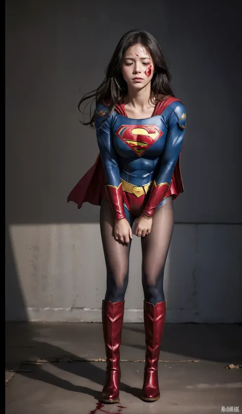 No background、(((Supergirl'The costume was completely destroyed.、There are holes)))、((((close your eyes、The face has a sad expression))))、(((((bleeding from the body)))))、((((liquid is flowing from the mouth))))、((defeat、死んだスーパーヒロインSupergirl, weak posi...