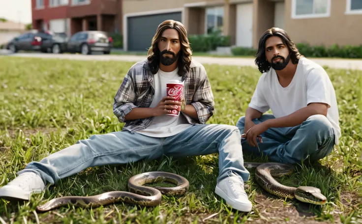 Jesus Christ dressed in urban street wear holding a styrofoam cup overflowing with soda,standing  a distance from three friends while a snake slithers on the grass, highly detailed ultra realistic 