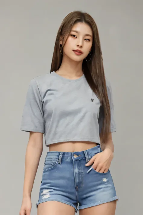 (masterpiece, realistic, photo-realistic, best quality:1.2), (yeji), 1girl, solo, medium shot, grey crop top, blue jean shorts