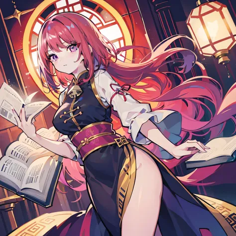 Young woman cheongsam illustration, Tabletop, The finer details, 4K, 8k, 12k, alone, 1 person, beautiful girl, White woman, 20-year-old, Red Bell,Book Meyrin 、pale purple hair, Long Hair, Black Chinese Dress、clothing slit