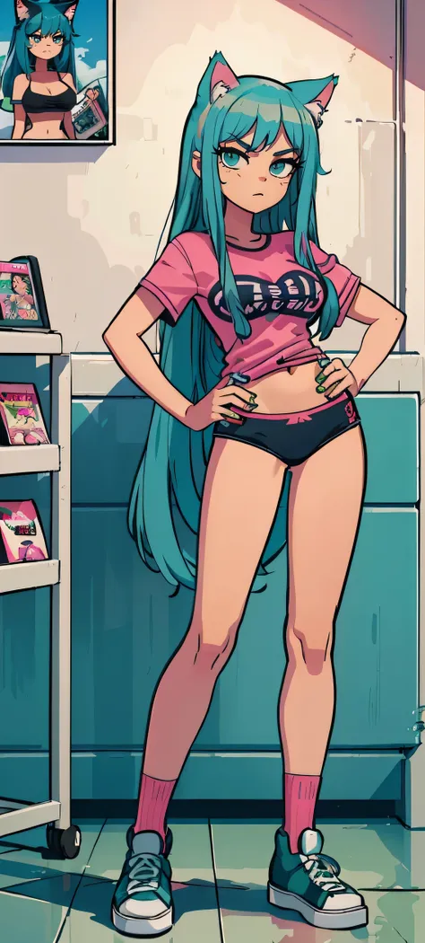 Masterpiece, best quality, high resolution, 1 woman, Long blue hair with pink stripes, smooth, green eyes, Bored face , cat ears , pink t-shirt , black bikini , abdomen, big breasts , Long legs , stand on your hips , canvas shoes , convenience store