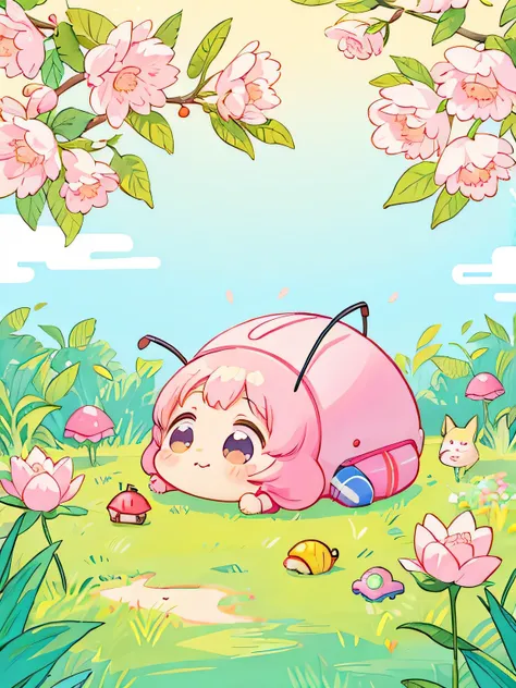 Momoko Sakura style, Kawaii Design, Chibi, beautiful spring afternoon、lovely colorful pillbug