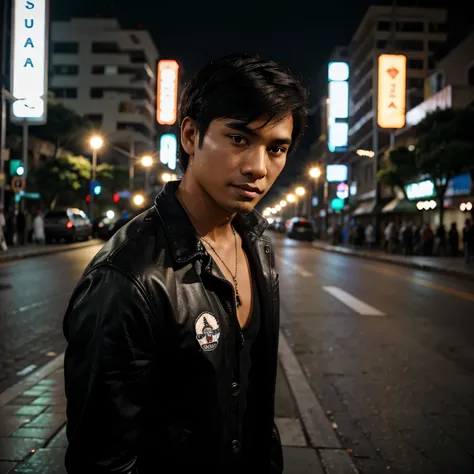 Cinematic Photo of a handsome Indonesian man 30 y.o fashion model bokeh train, medium black hair ,77mm lens,DLSR camera